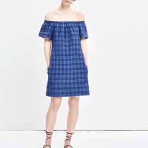 Madewell blue plaid off the shoulder dress 2